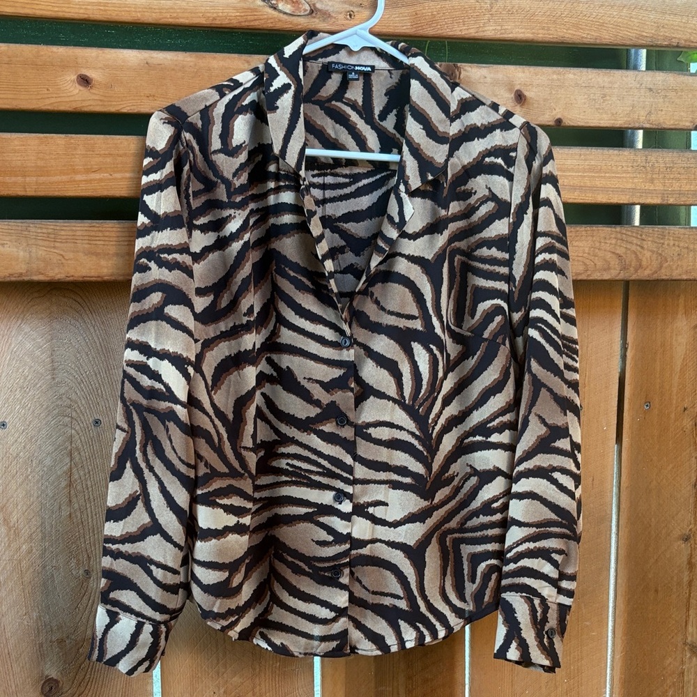 Fashion Nova Tan and Black Animal Print Shirt